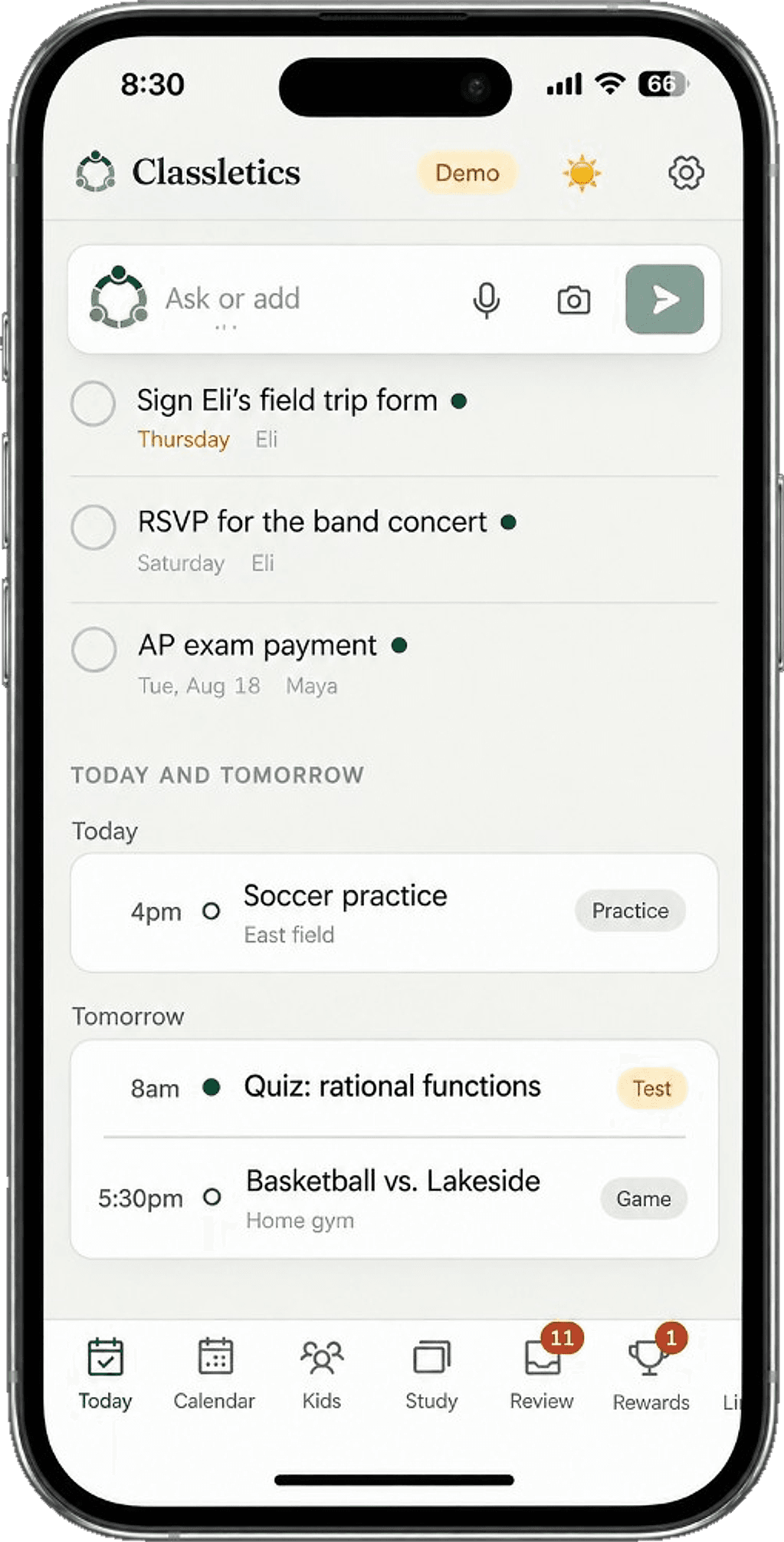 iPhone showing the Classletics parent view: today's tasks and this week's schedule for every kid