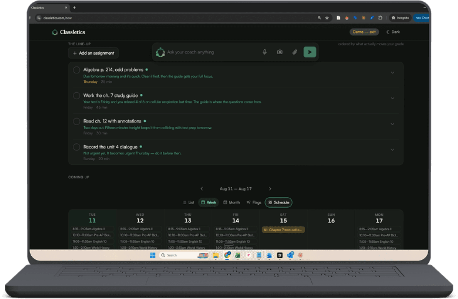 Laptop showing the Classletics student view: the line-up of assignments and the week's schedule